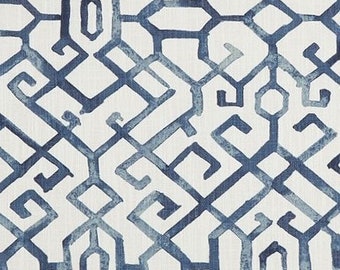 Blues and Soft White Asian Inspired Geometric Fabric by the Yard, Designer Slub Cotton Drapery, Curtain, Upholstery or Craft Fabric M515