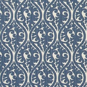 Stonewash Blue Modern Damask Print on Natural Beige Fabric by the Yard Designer Cotton Linen Upholstery, Home Decor or Craft Fabric M819