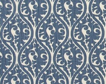 Stonewash Blue on Natural Beige Modern Trellis Print Fabric by the Yard Designer Cotton Linen Upholstery, Home Decor or Craft Fabric M819
