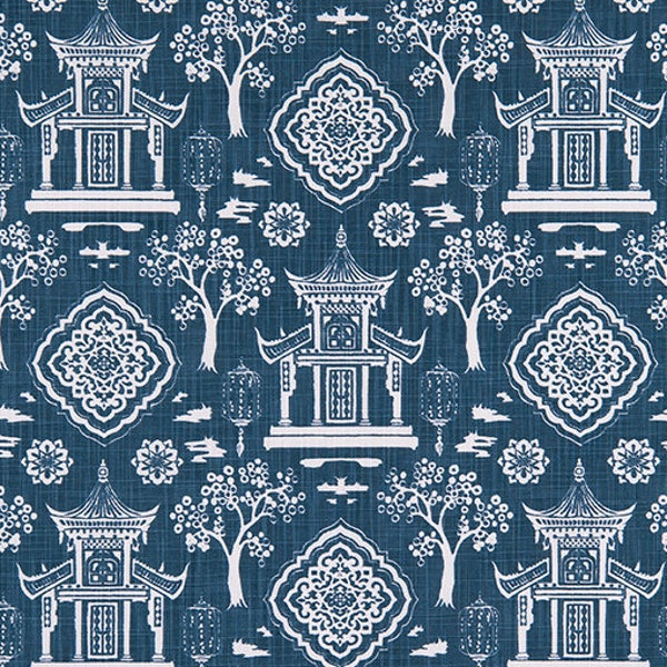 Navy Asian Decor Fabric: Slub Cotton Drapery, Upholstery Yardage