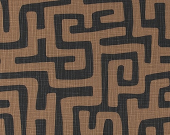 Tribal Maze Print Fabric: Black and Brown Slub Cotton, Drapery Upholstery