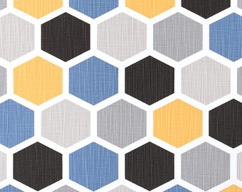 30" X 54" REMNANT Honeycomb Geometric Fabric in Gray Blue Black & Yellow Designer Slub Cotton Fabric Drapery Upholstery Craft Fabric M218A