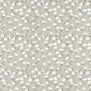 May include: A seamless pattern featuring white cotton blossoms on a light gray background. The pattern is perfect for fabric, wallpaper, or other design projects.
