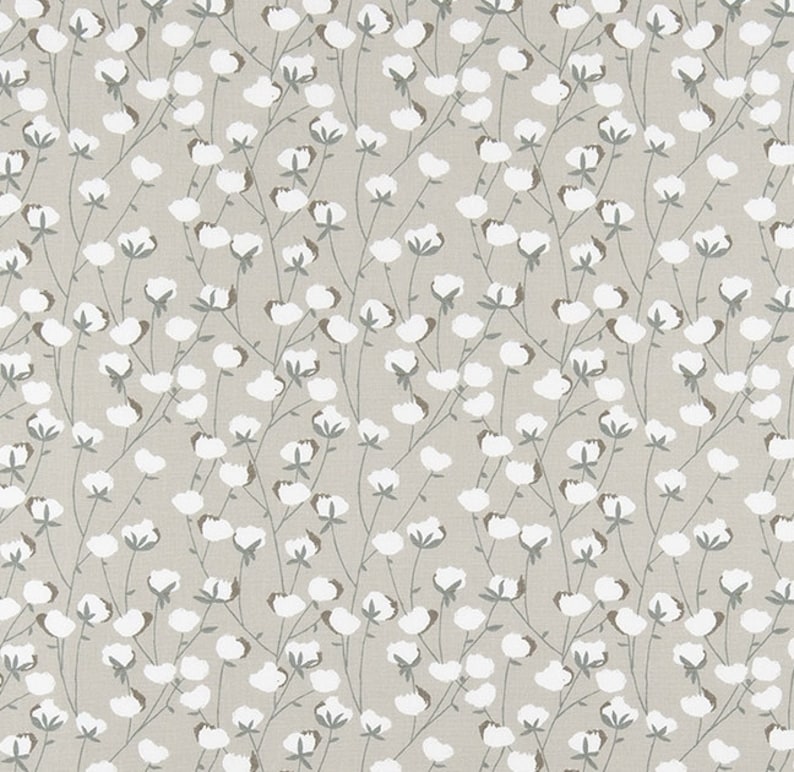 May include: A seamless pattern featuring white cotton blossoms on a light gray background. The pattern is perfect for fabric, wallpaper, or other design projects.