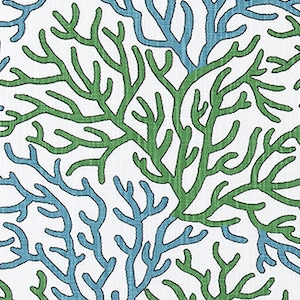 Coral Print Fabric in Green and Blue on White Slub Cotton Fabric by the Yard Drapery, Curtain, Upholstery, Home Decor or Craft Fabric M757