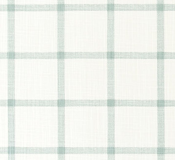 Aqua and Cream Windowpane Plaid Cotton Slub Fabric by the Yard Aqua & Ivory Open  Check Fabric Drapery Curtain or Upholstery Fabric M391