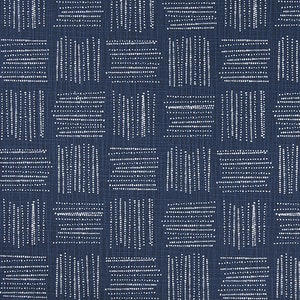May include: A navy blue fabric with a white geometric pattern of dots and lines. The fabric has a subtle texture.