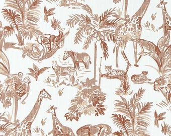Safari Animal Toile Print in Shades of Tan on White Slub Cotton Fabric by the Yard:  Home Decor and Craft Fabric M939