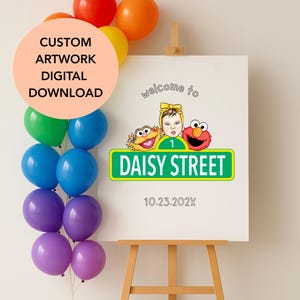 Handgezeichnete benutzerdefinierte Sesamstraße inspiriert Geburtstagsschild Kunstwerk | Personalisierte Party Kulisse | Kindergeburtstag Dekoration (Digitale Datei)