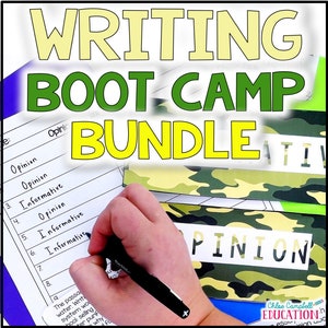 May include: A green and yellow writing boot camp bundle with a camouflage pattern. The bundle includes a checklist for writing opinion and informative essays. The checklist has a section for topic, purpose, audience, and details.