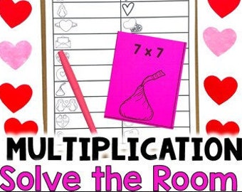 Multiplication Facts Practice - Valentine's Day Math - Solve the Room - Scoot