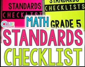 Könnte beinhalten: Eine rosa und grüne Checkliste für die mathematischen Standards der 5. Klasse. Die Checkliste trägt den Titel "Ms. Campbell's Standards Checklist" und enthält den Text "Math Grade 5 Standards Checklist".