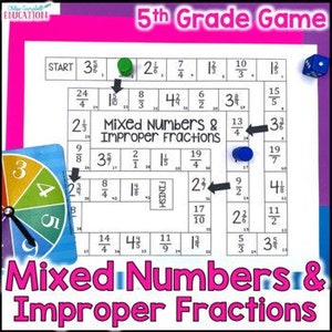 May include: A game board for 5th grade students to practice converting mixed numbers and improper fractions. The board has a start and finish square and players move their game pieces along the board by rolling a die and landing on a square with a mixed number or improper fraction. The game includes a spinner with numbers 2, 3, 4, and 5.