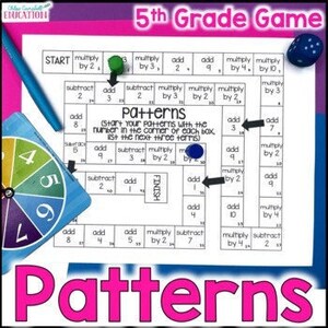 May include: A colorful game board with a blue spinner and dice. The game board has a grid of squares with instructions for each square, such as "multiply by 2" or "add 3". The game is called "Patterns" and is designed for 5th grade students.