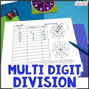 Könnte beinhalten: Ein Arbeitsblatt mit dem Titel "Mehrstellige Division" und einer Tabelle mit den Überschriften "In", "Teilbar durch", "Antwort" und "Regeln der Teilbarkeit". Die Tabelle hat mehrere Zeilen mit Zahlen in der Spalte "In" und der Spalte "Teilbar durch". Die Spalte "Antwort" enthält die Wörter "ja" oder "nein". Es gibt zwei Drehscheiben mit Zahlen darauf.