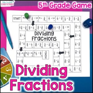 Op de afbeelding: Een spelbord voor een 5e klas wiskundig spel over het delen van breuken. Het bord heeft een start- en een eindvak en spelers verplaatsen hun spelstukken over het bord door breukdelingsproblemen op te lossen. Het spelbord is roze, groen en blauw.