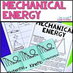 May include: Educational materials titled "MECHANICAL ENERGY" with diagrams and text. Includes worksheets with roller coaster illustrations, and lists of materials like marshmallows and rubber bands for experiments. The materials are designed for classroom use.
