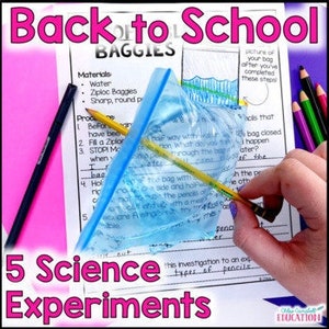 May include: Back to School Science Experiments using ziploc baggies. The image shows a blue ziploc bag with a pencil going through it. The text on the page reads "Back to School Baggies" and lists materials and procedures for the experiment.