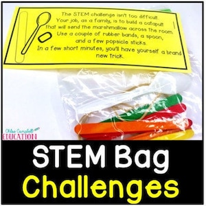 May include: A yellow bag with the text "STEM Bag Challenges" printed on it. The bag contains a spoon, rubber bands, and popsicle sticks. The text on the bag reads: "The STEM challenge isn't too difficult. Your job, as a family, is to build a catapult that will send the marshmallow across the room. Use a couple of rubber bands, a spoon, and a few popsicle sticks. In a few short minutes, you'll have yourself a brand new trick."