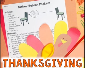 May include: A printable worksheet with instructions for a Thanksgiving science experiment called "Turkey Balloon Rockets". The worksheet includes a list of materials needed, such as yarn, balloons, plastic straws, tape, scissors, chairs, construction paper, and feathers. The worksheet also includes a step-by-step procedure for creating the turkey balloon rockets.