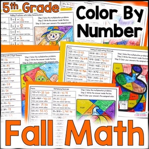 Peut inclure: Un ensemble de quatre feuilles de travail imprimables pour les mathématiques de 5e année, sur le thème de l'automne. Chaque feuille de travail comprend une activité de coloriage par numéros avec une image sur le thème de l'automne, comme un épouvantail, une citrouille et des feuilles. Les feuilles de travail comprennent des problèmes d'addition et de soustraction de fractions, de multiplication de décimales et de division par des diviseurs à deux chiffres.