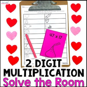 2 Digit by 2 Digit Multiplication - Valentine&#39;s Day Math - Solve the Room Scoot