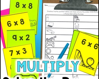 May include: A colorful educational game for kids to practice multiplication facts. The game includes a clipboard with a worksheet, and cards with multiplication problems and pictures of objects. The text on the cards reads "8 x 8", "6 x 8", "9 x 2", "7 x 3", and "6 x 6". The text on the clipboard reads "MULTIPLY Solve the Room".