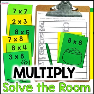 Peut inclure: Une feuille de calcul imprimable verte et jaune avec des problèmes de multiplication pour les enfants. La feuille de calcul présente un lutin, un pot d'or, un fer à cheval et d'autres images sur le thème de la Saint-Patrick. Le texte sur la feuille de calcul indique "MULTIPLY Solve the Room".