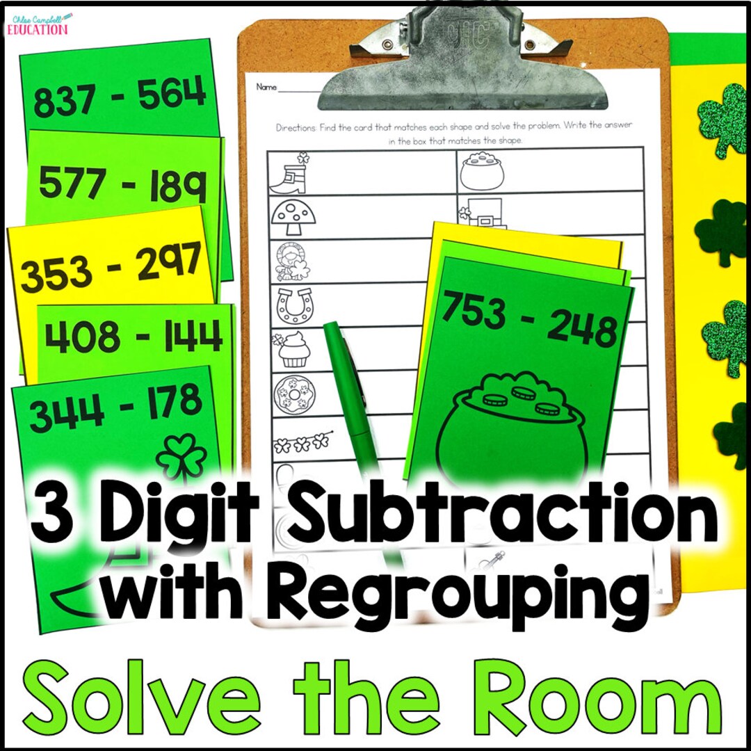 3 Digit Subtraction With Regrouping Solve the Room - St. Patrick’s Day ...