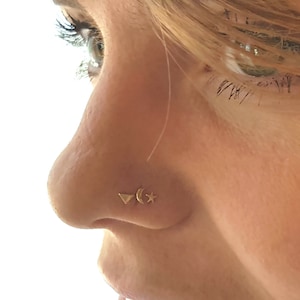 Piercing Set, Tiny Gold Nose Studs, Stud Earring Set, Tragus, Cartilage, Helix Earrings, Moon, Star, Triangle shapes for selection, 14k, 20g