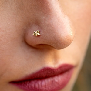 Gold Nose Stud, Solid Gold Nose stud, Tragus Piercing Jewelry, Snake Nose Stud, Indian Nose Stud, 16g, 18g, 20g, 22g, Snake Stud, 14k Gold