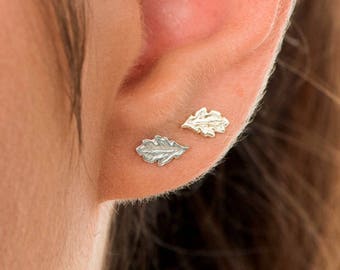Pendientes diminutos, pendientes pequeños, pendientes diminutos de oro, pendientes pequeños de oro, juego de pendientes de botón, juego de pendientes pequeños, pendiente de botón único, hoja, 14K