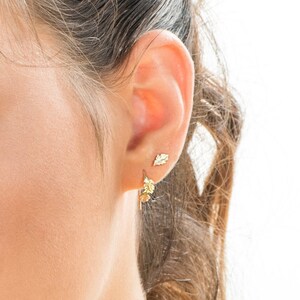 May include: A close-up of a person's ear with two gold leaf earrings. The earrings are small and delicate, and they are a popular choice for women who want a subtle and stylish look.