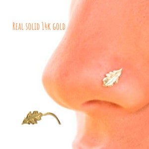 Solid Gold 14k Blatt Nasenstecker, 14k Gold Nasenstecker, indischer Nasenstecker, indischer Nasenring, 16g-23g, Blattschmuck, Blatt Nasenring, Ohrstecker
