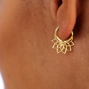 Lotus Earrings, Small Hoop Earrings, Tribal Hoop Earrings, Boho Hoops, Indian Hoops, Lotus Jewelry, 14k Gold Small Hoop Earrings, Flower