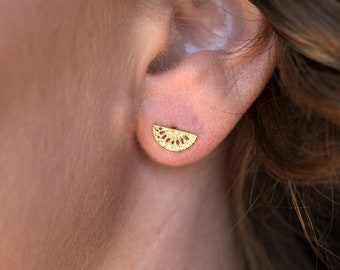 14K Gold Earrings, Half Circle Earrings, Half Moon Earrings, Small Gold Earring, Indian Jewelry, Ethnic Stud Earrings, Boho Earrings Gold