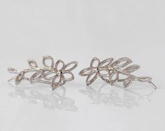 Lotus Flower Climber Earrings, Silver Ear Crawlers, Flower Earrings, Minimalist Jewelry, Ear Crawler, Sterling Silver Earring, Ear Climbers