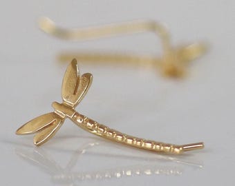 Dragonfly Climber Earrings, 14k Gold Ear Crawlers, Nature Jewelry, Dragonfly Earrings, Ear Crawler, Fine Gold Jewelry, 14k Gold Climbers