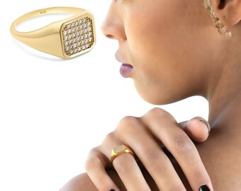 Signet Diamond Ring, 14K Gold Ring, Square Signet Ring, Solid Gold Diamond Ring, Signet Ring Women, Pave Signet Ring, Pinky Signet Ring, 18K
