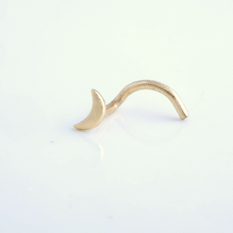 May include: A gold crescent moon nose ring with a curved post.