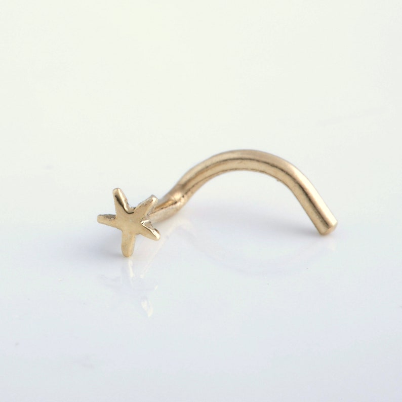 May include: Gold nose ring with a small star charm. The ring is curved and has a smooth finish.