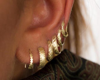 14K Gold Hoop Earrings Set - Select 1 / 2 / 4 or 6 Custom Stackable Statement Hoop Earrings, Handmade Ethnic Tribal Bohemian Boho Jewelry
