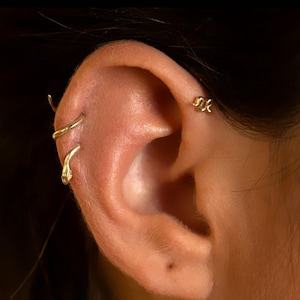 Könnte beinhalten: Nahaufnahme eines Ohrs, das mit drei goldfarbenen Ohrringen geschmückt ist. Ein Ohrring umschlingt die Helix, ein weiterer ist ein kleiner Stecker und der dritte ist ein geschwungenes Design. Die Ohrringe heben sich vom Hautton des Ohrs ab.