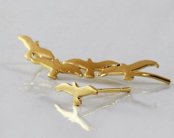 Bird Climber Earrings, 14k Gold Ear Climbers and Stud, Minimalist Jewelry, Fine Gold Earrings, Nature Inspired Earrings, Seagull Ear Climber
