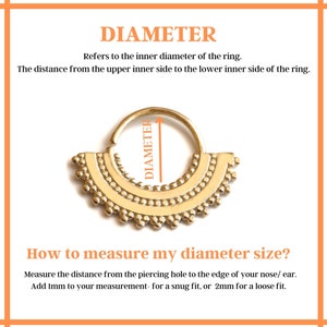 May include: A gold-colored hoop earring with a decorative design. The image shows how to measure the inner diameter of the hoop for a snug or loose fit.  "DIAMETER" is written on the image.