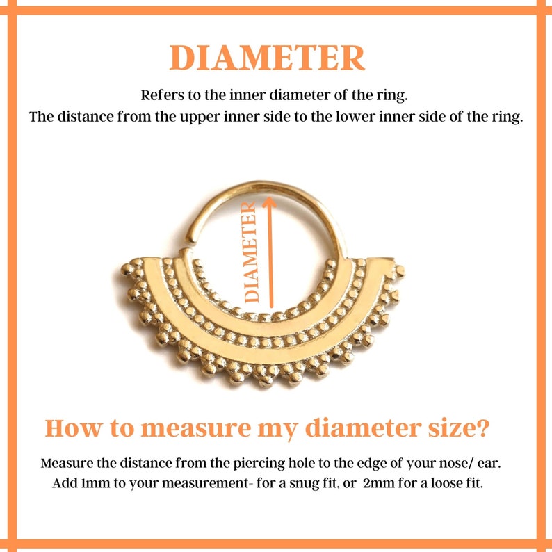 May include: A gold-colored hoop earring with a decorative design. The image shows how to measure the inner diameter of the hoop for a snug or loose fit.  "DIAMETER" is written on the image.