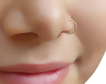 Braided Nose Hoop, Gold Nose Ring, Rope Nose Ring, Gold Nose Hoop, 14K Gold Nose Ring, Solid Gold Nose Ring, Indian Nose Ring, 18g, 20g