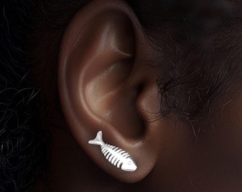 Fish Skeleton Climber Earrings, 925 Silver Ear Crawlers, Minimalist Silver Earrings, Nature Inspired Jewelry, Fishbone Ear Climber, Fishbone