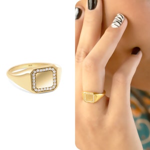 14K Gold Ring, Solid Gold Diamond Ring, Signet Ring Women, Signet Diamond Ring, Square Signet Ring, Pave Signet Ring, Pinky Signet Ring, 18K