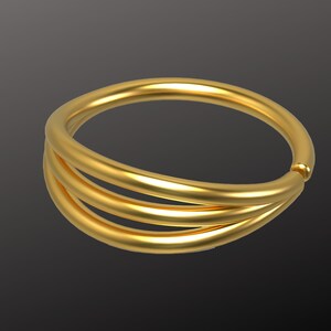 May include: A gold ring with three bands, each band is slightly offset from the others. The ring is smooth and shiny.